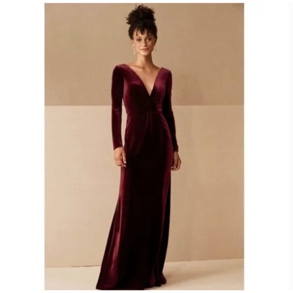 NWT Jenny Yoo Velvet Long-Sleeve Maxi Dress Ryland Red Berry 2